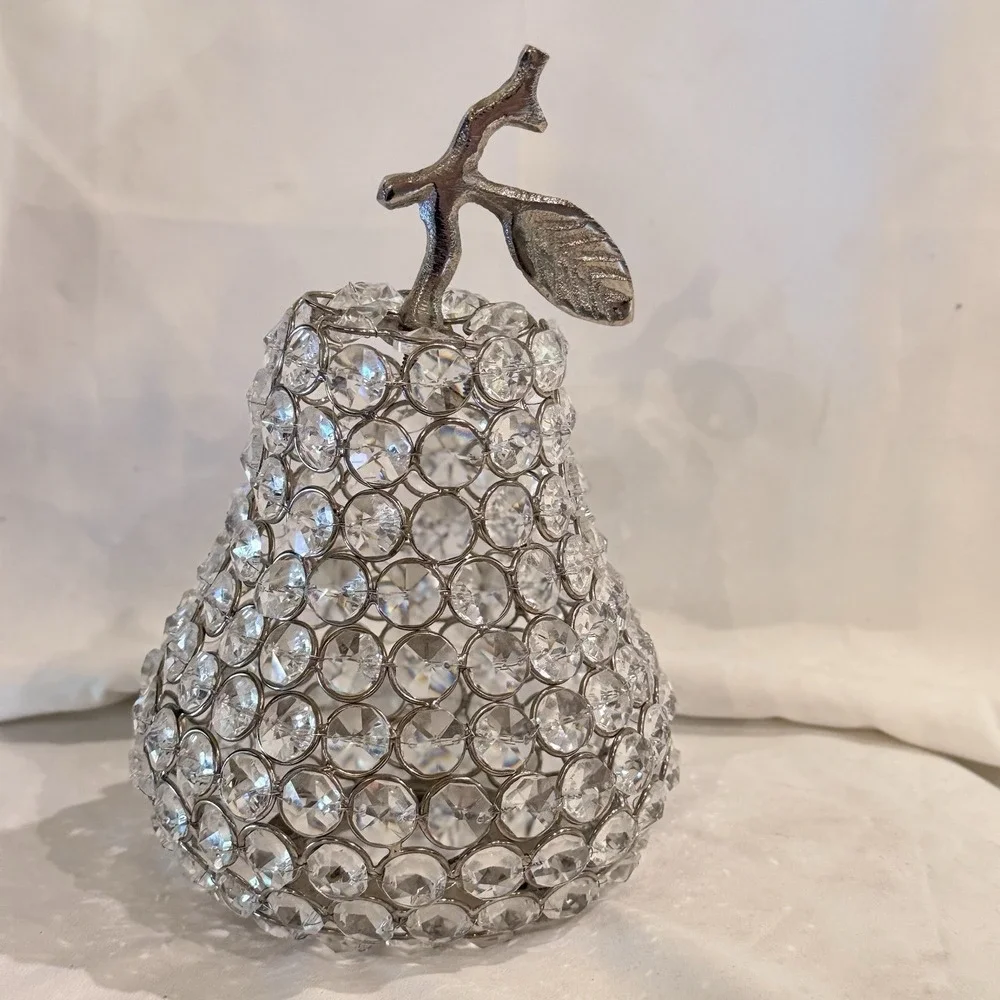 Vintage Crystal Pear Tea Light Candle Votive Cover MCM Fruit Decor Silver Accent